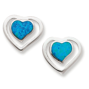 Sterling Silver Created Blue Opal Inlay Center Heart Post Earrings