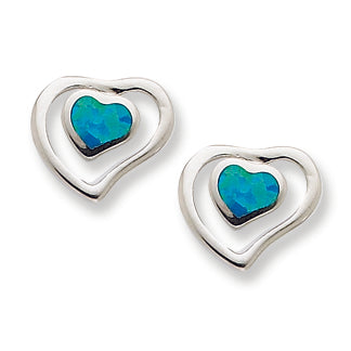 Sterling Silver Created Blue Opal Inlay Center Heart Post Earrings