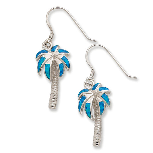 Sterling Silver Created Blue Opal Inlay Palm Tree Dangle Earrings