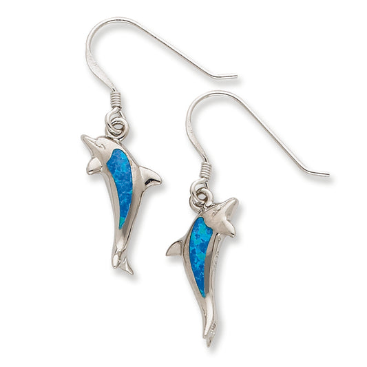 Sterling Silver Created Blue Opal Inlay Dolphin Dangle Earrings