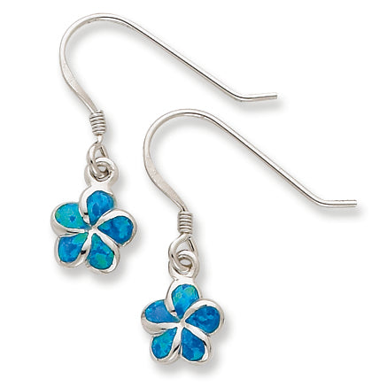 Sterling Silver Created Blue Opal Inlay Flower Dangle Earrings