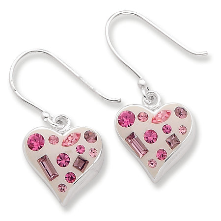 Sterling Silver Crystal Accented Pink Heart Dangle Earrings