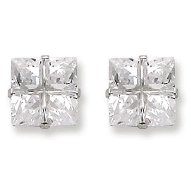 Sterling Silver 8mm Square CZ 4 Prong Stud Earrings