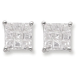 Sterling Silver 8mm Square CZ Basket Set Stud Earrings