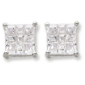 Sterling Silver 9mm Square CZ Basket Set Stud Earrings
