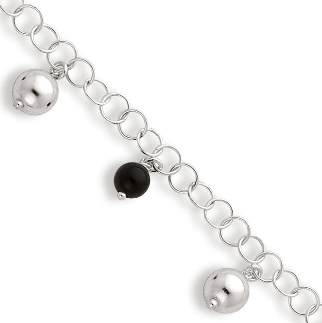 Sterling Silver & Onyx Beaded Polished with 1in ext. Anklet