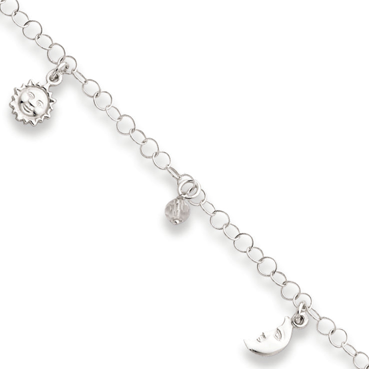 Sterling Silver Polished Sun, Moon & Stars with 1in ext. Anklet