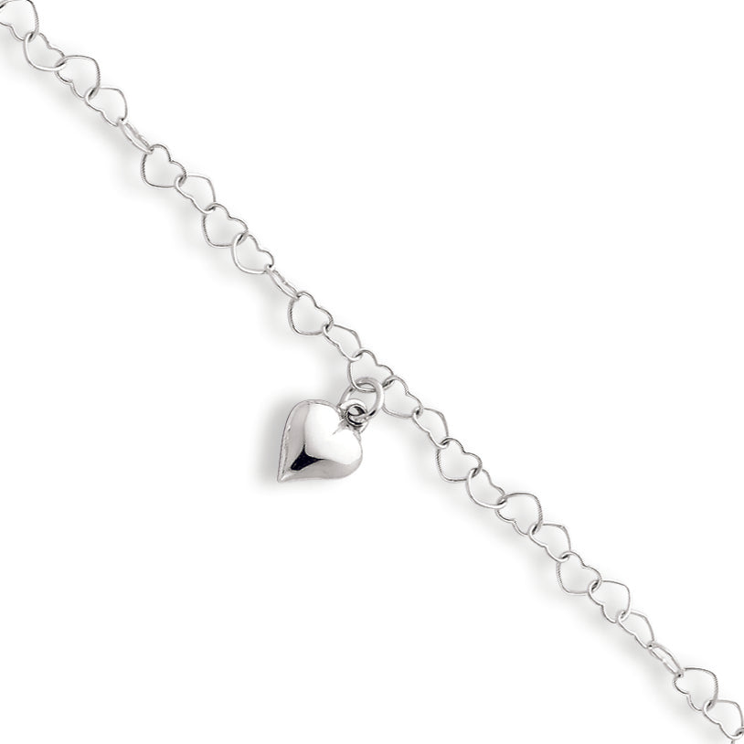 Sterling Silver Polished Fancy Link Puffed Heart with 1in ext. Anklet