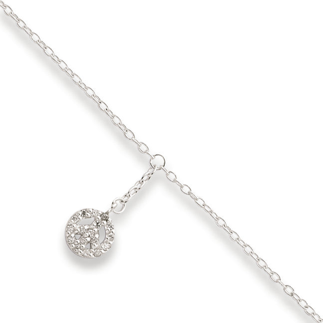 Sterling Silver 9 + 1in ext CZ Peace Symbol Charm Anklet