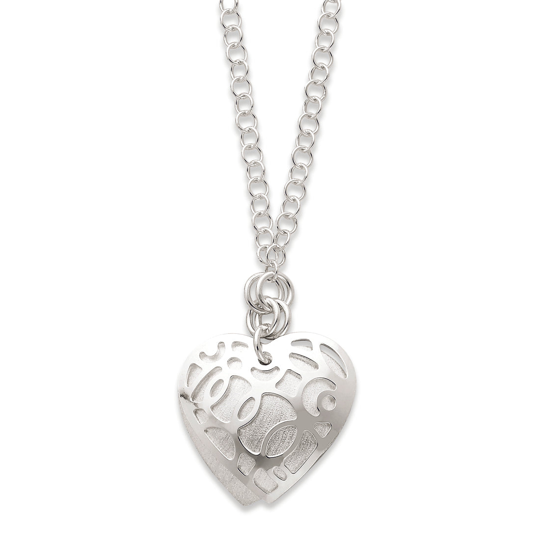 Sterling Silver Polished & Satin Fancy Heart Drop Necklace