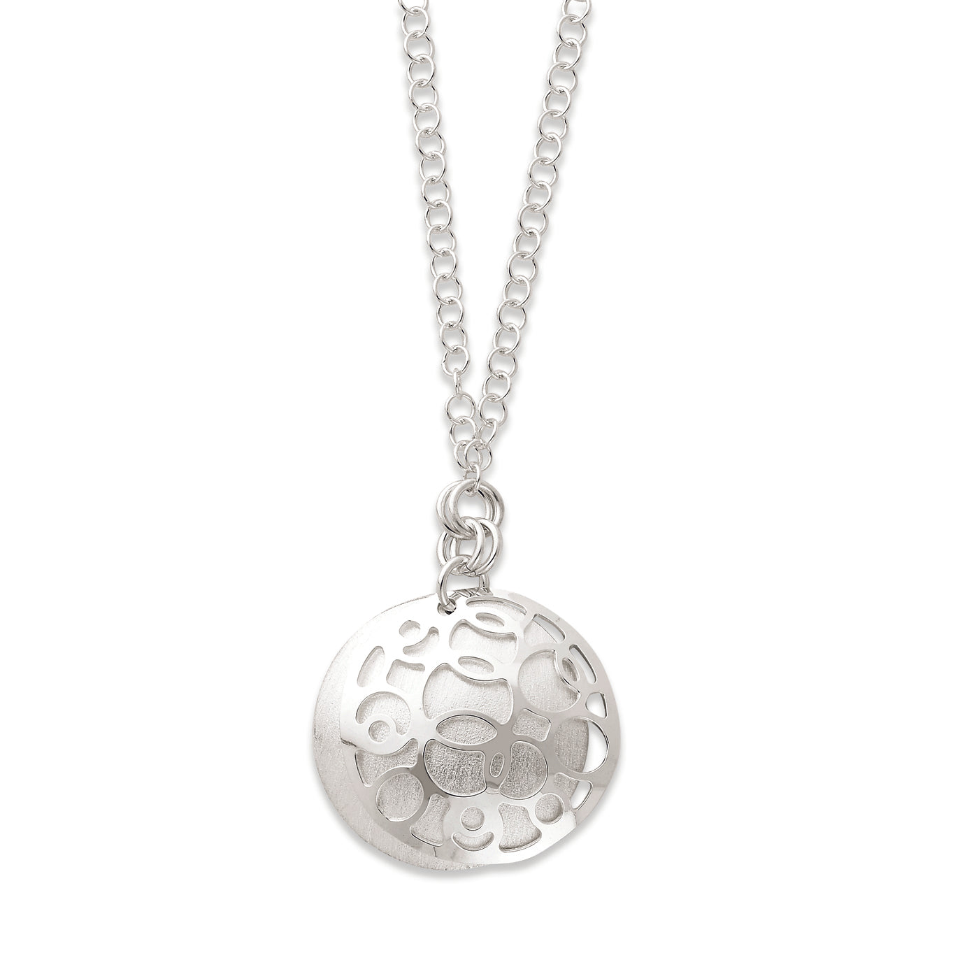 Sterling Silver Polished & Satin Fancy Circle Drop Necklace