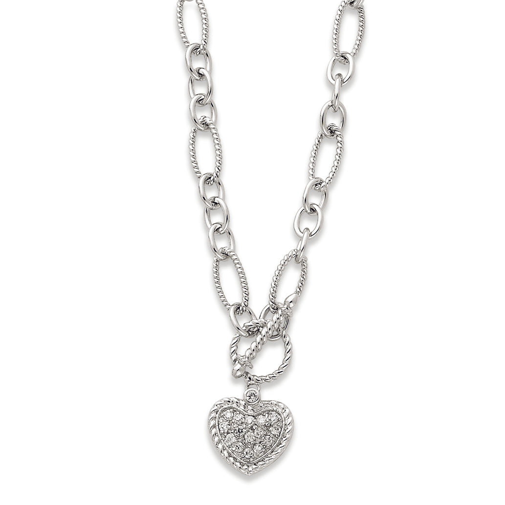 Sterling Silver CZ Heart Charm and Toggle Link Necklace