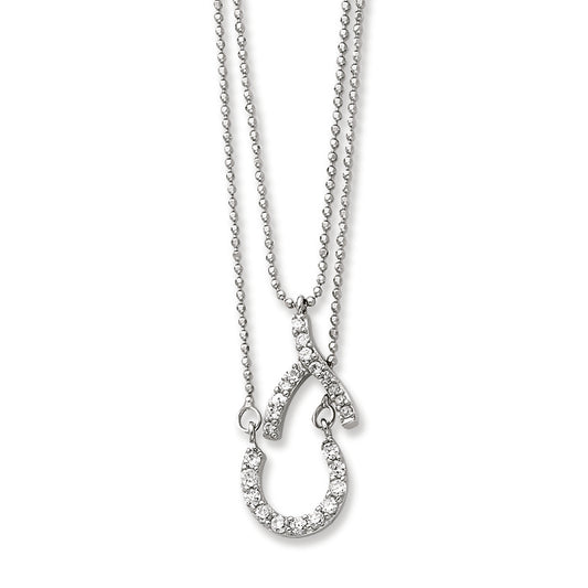 Sterling Silver Double Strand Wishbone & Horseshoe CZ Necklace