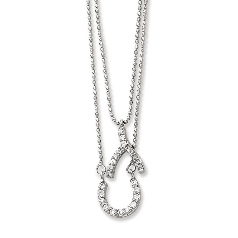 Sterling Silver Double Strand Wishbone & Horseshoe CZ Necklace