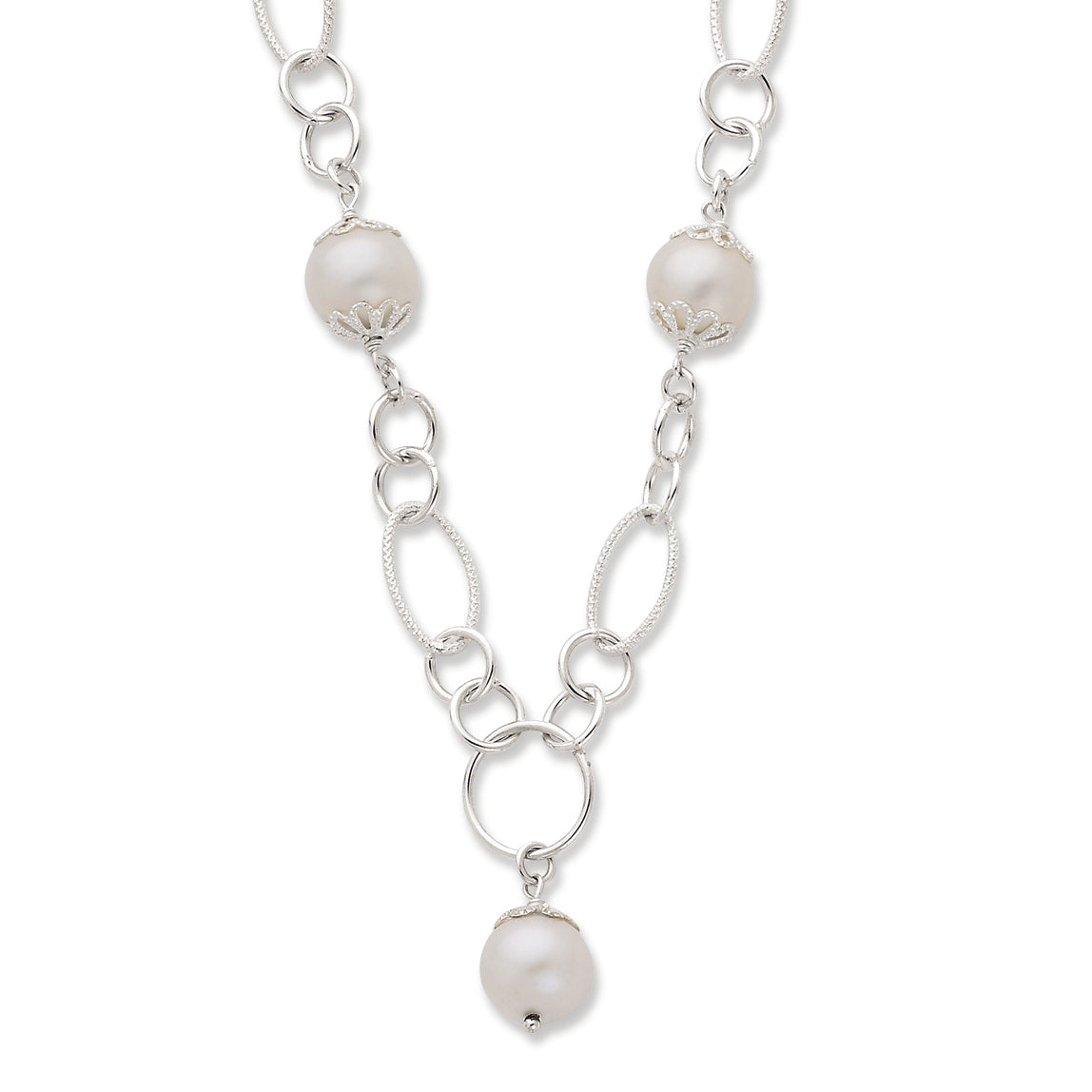 Sterling Silver & Simulated Pearl Fancy Polished Drop Necklace
