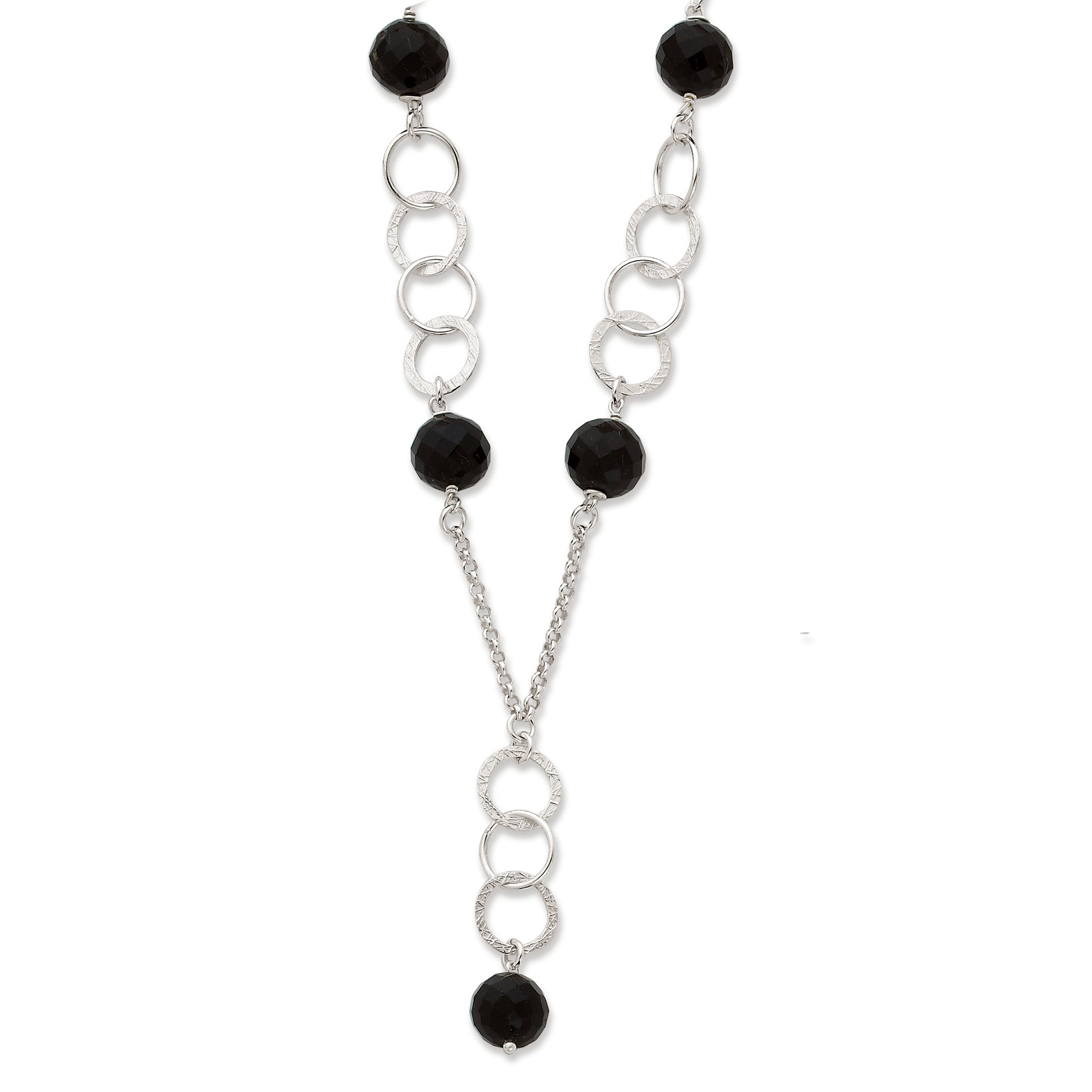 Sterling Silver & Black Stone Polished & Textured Drop Necklace
