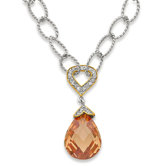 Sterling Silver Champagne CZ Teardrop Oval Link Necklace