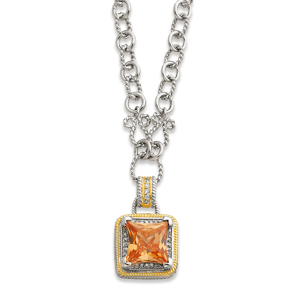 Sterling Silver & Gold-plated Fancy Square Champagne CZ Necklace