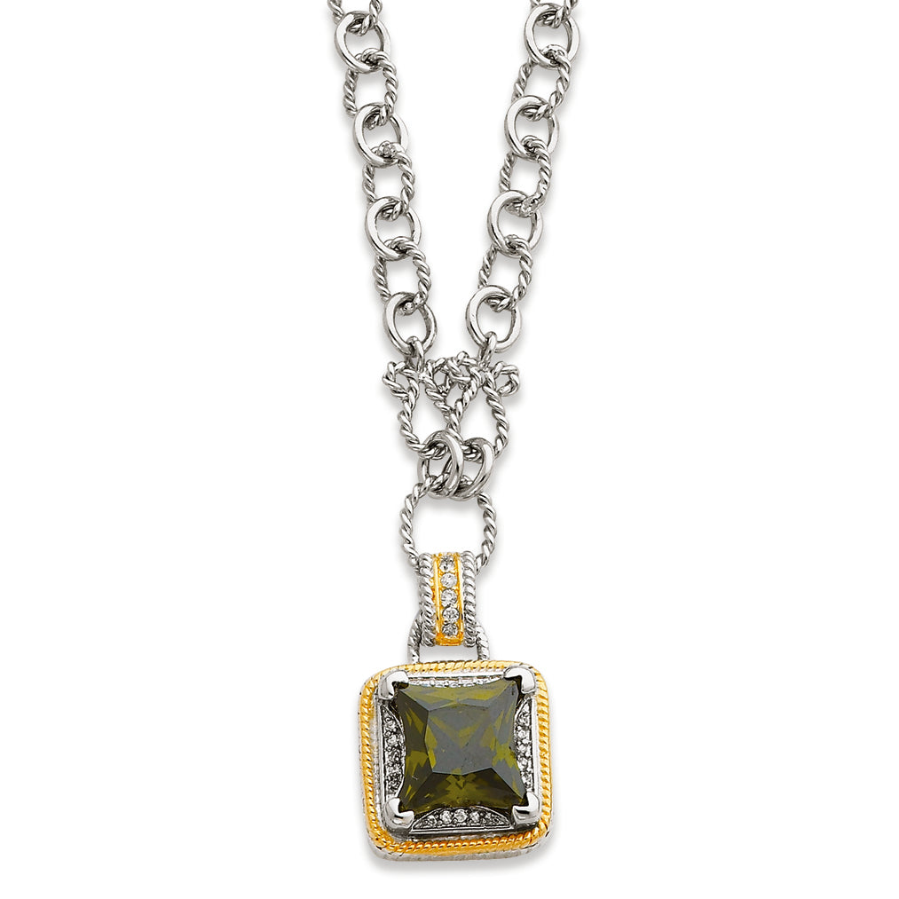 Sterling Silver & Gold-plated Fancy Square Green CZ Necklace