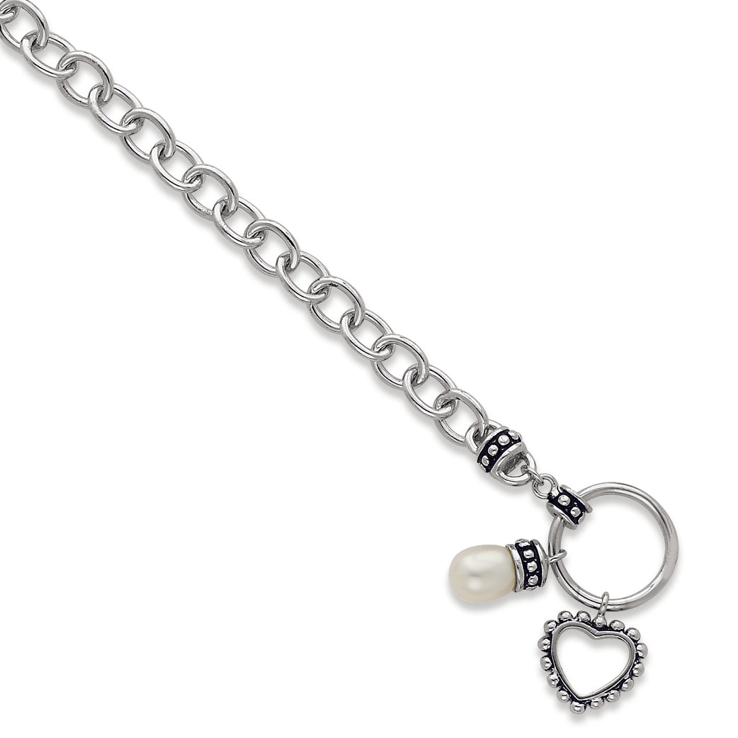 Sterling Silver Hanging Heart & Pearl Bracelet