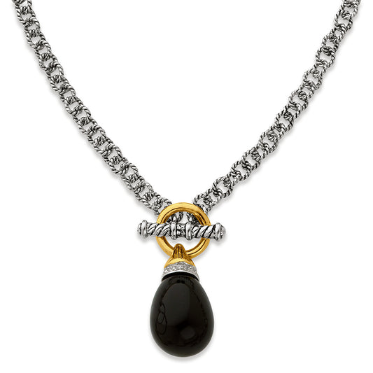 Sterling Silver Gold-plate Antiqued Pearl, CZ & Bead Necklace
