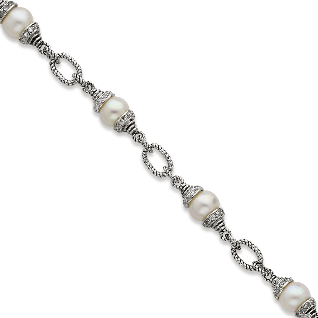Sterling Silver Antiqued Pearl & CZ Toggle Bracelet