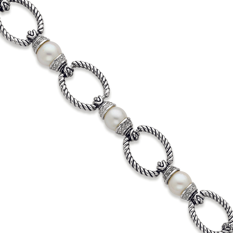 Sterling Silver Antiqued Pearl & CZ Toggle Bracelet