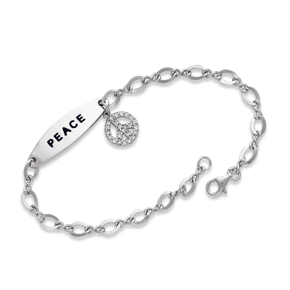 Sterling Silver 7.5in Small CZ Hanging Peace Symbol Charm Bracelet