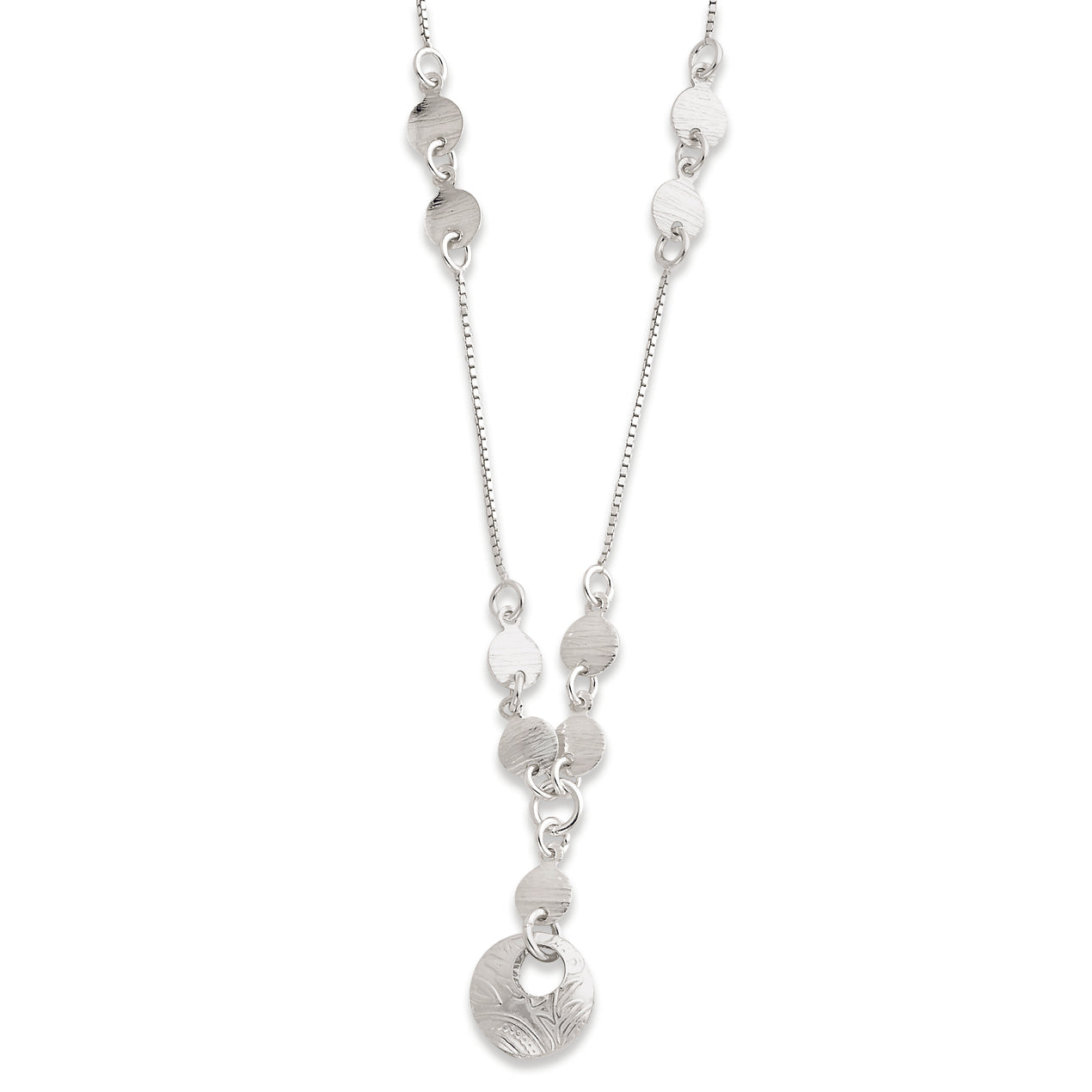 Sterling Silver Polished & Textured Fancy Round Drop Necklace
