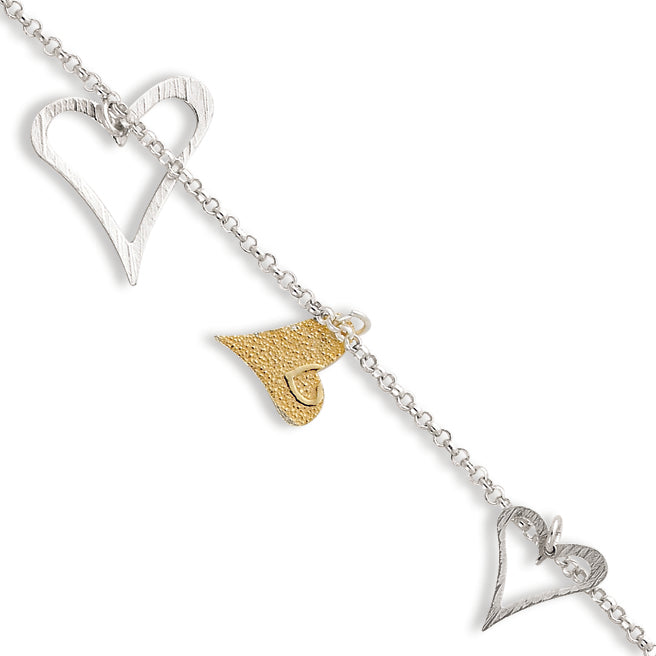 Sterling Silver & Vermeil Polished & Textured Heart Bracelet