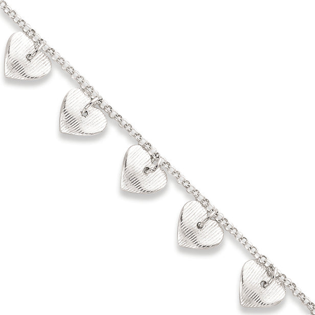 Sterling Silver Polished & Textured Fancy Heart Bracelet