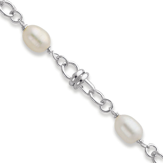 Sterling Silver & Simulated Pearl Fancy Polished Bracelet