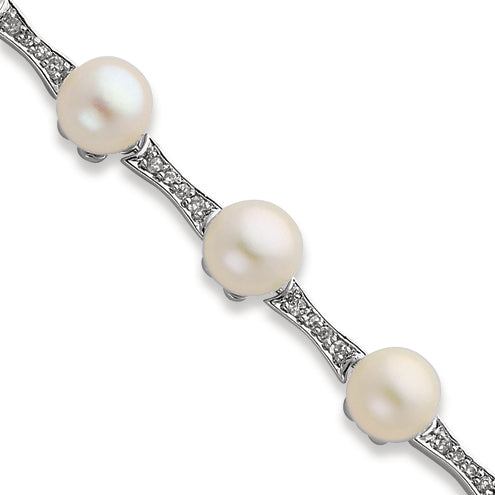 Sterling Silver Cultured Freshwate Pearl CZ Bracelet