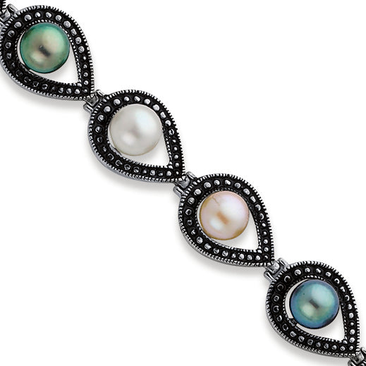 Sterling Silver Antiqued Blk-Wht-Pink FW Cultured Pearl Bracelet