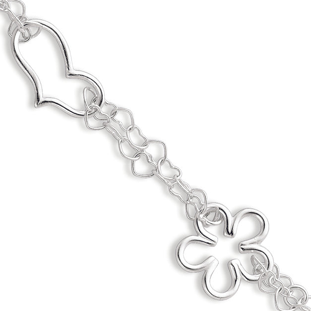 Sterling Silver Polished Heart, Star & Flower Double Strand Bracelet"