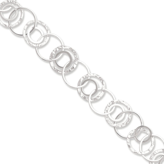 Sterling Silver Polished & Textured Fancy Circle Link Bracelet