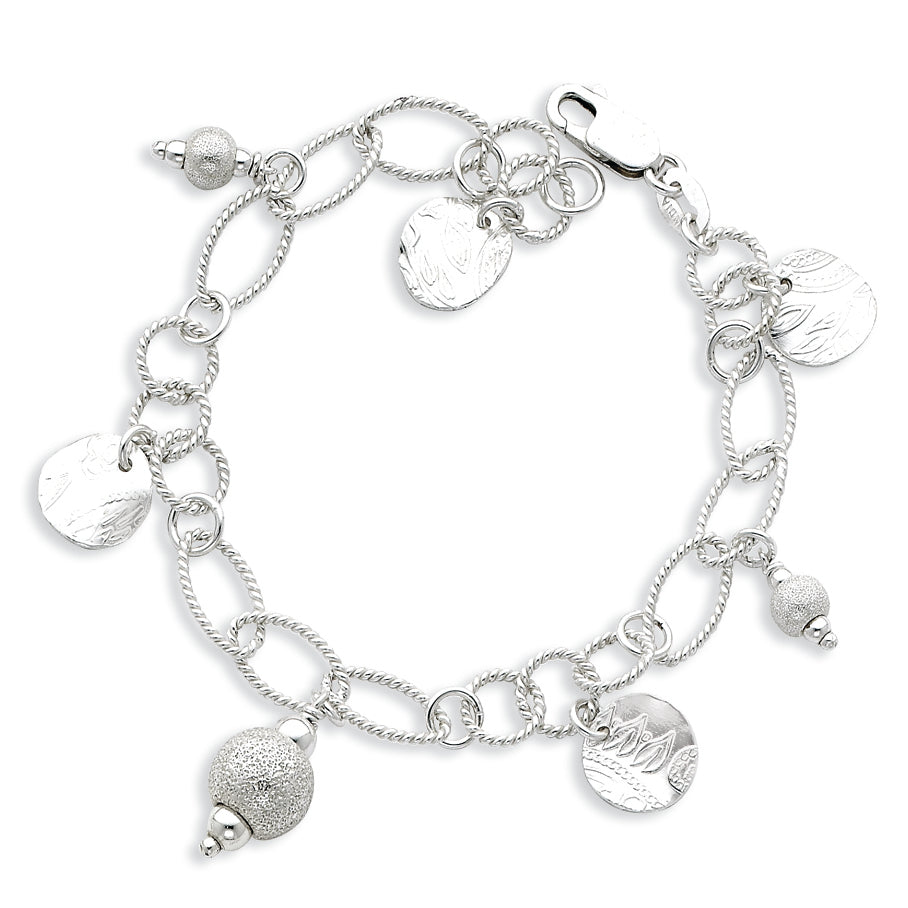 Sterling Silver Polished & Textured Fancy Circle Bracelet