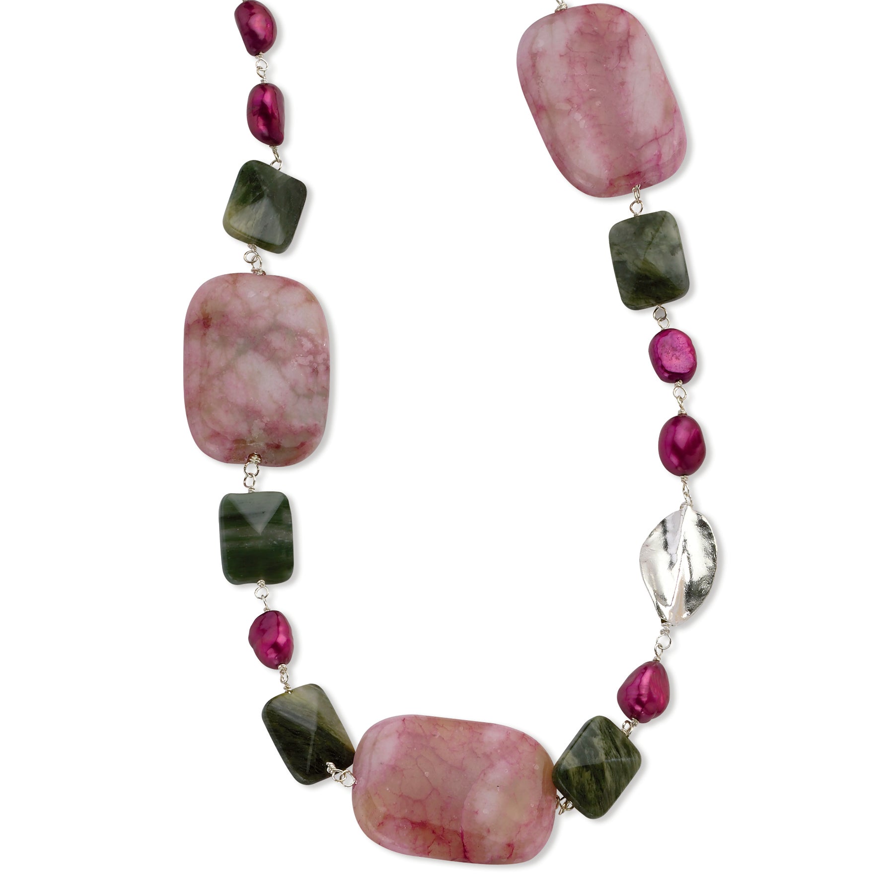 Sterling Silver Green Agate-Stabilized Stone-FW Cultured Pearl Necklace