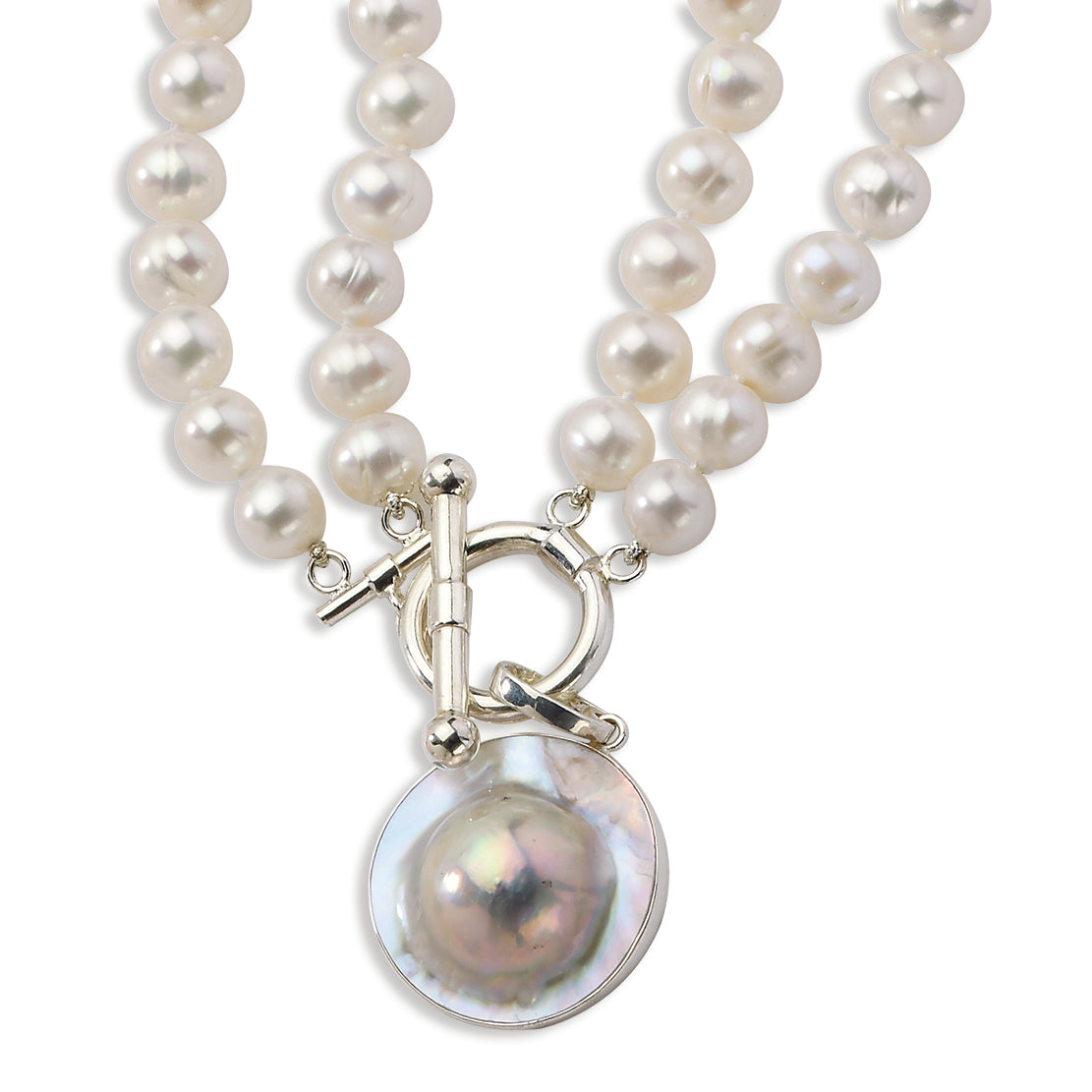 Sterling Silver 2-strand 8-8.5mm FW Cultured Pearl-Pearl Disc Necklace
