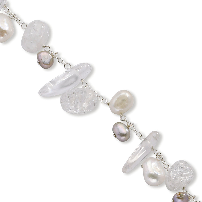 Sterling Silver Crackle & Rock Quartz-Freshwater Cultured Pearl Bracelet