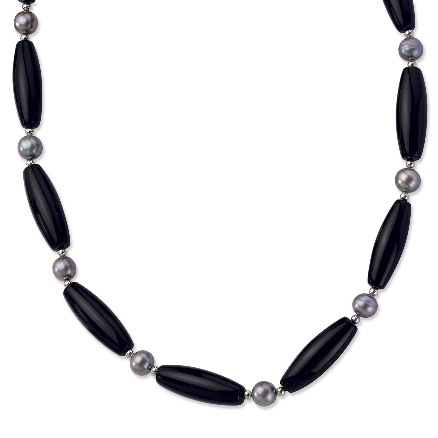 Sterling Silver 30x10mm Black Agate-8mm FW Cult Silver Pearl Necklace