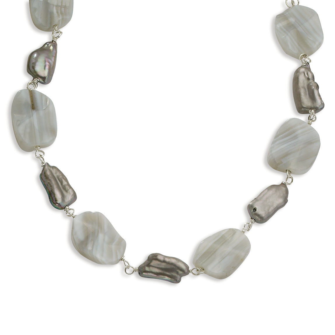 Sterling Silver Freshwater Cultured Grey Pearl-Sardonyx Necklace