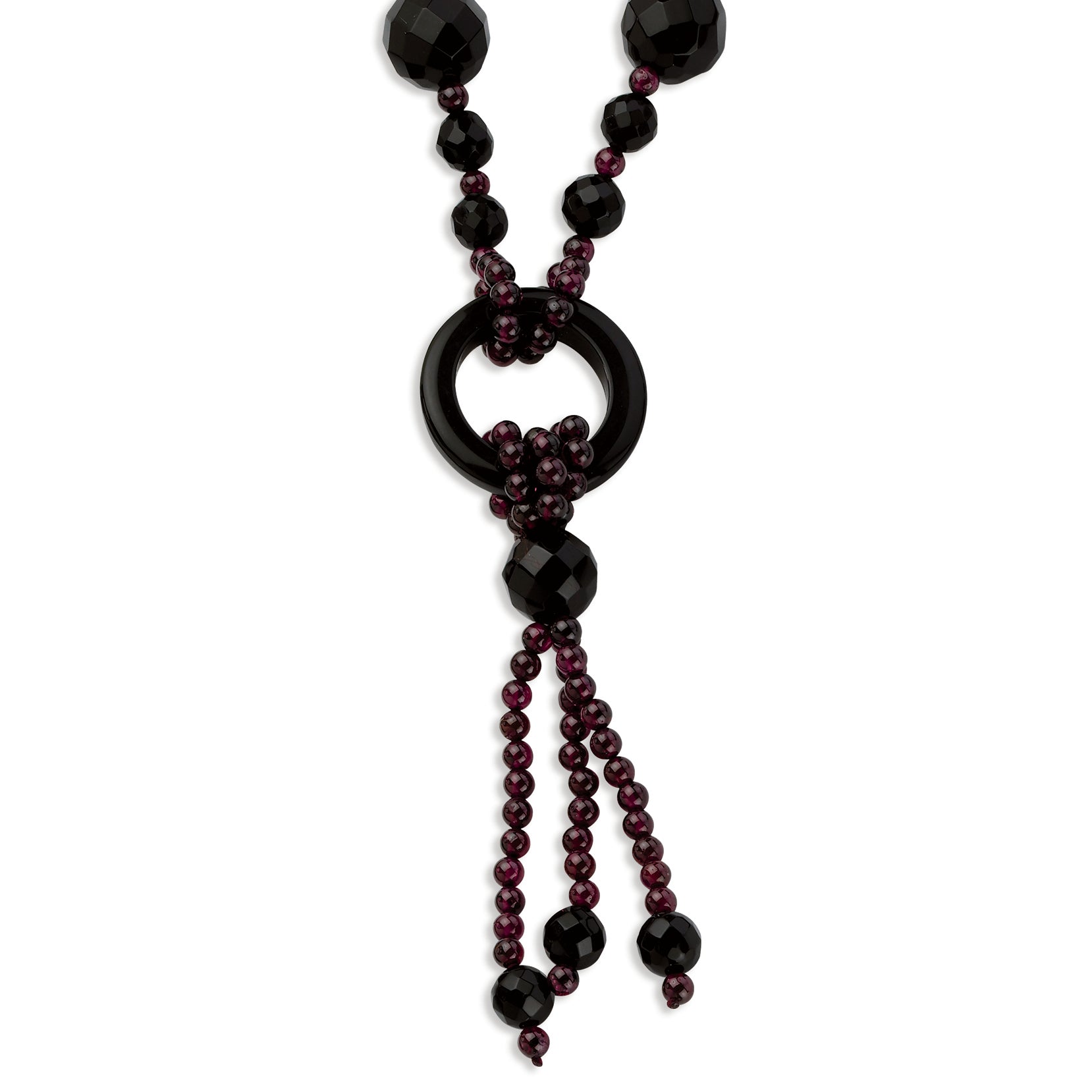 Sterling Silver Faceted 8-14mm Black Agate & RH Garnet Bead Necklace