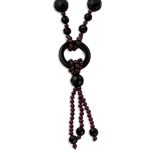 Sterling Silver Faceted 8-14mm Black Agate & RH Garnet Bead Necklace