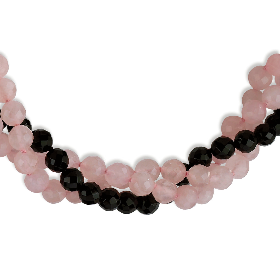 Sterling Silver 8mm Rose Qtz-7.5mm Black Agate Triple Strand Necklace