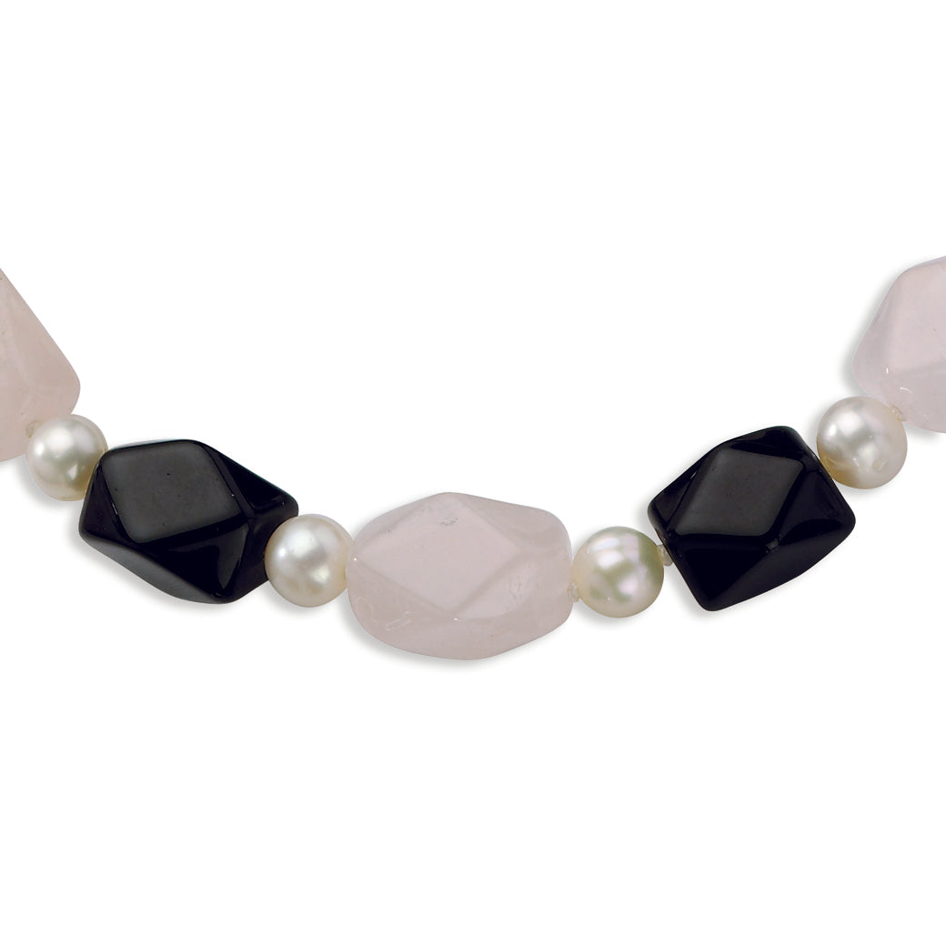 Sterling Silver 8-8.5mm FW Cult Pearl-Rose Qtz & Black Agate Necklace