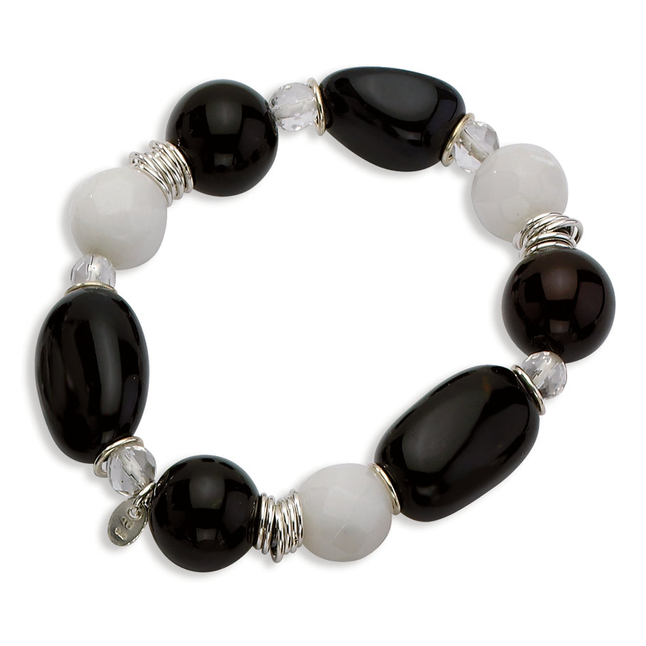 Sterling Silver 14m Agate-6m Rock Quartz-11m Wh. Jade Stretch Bracelet
