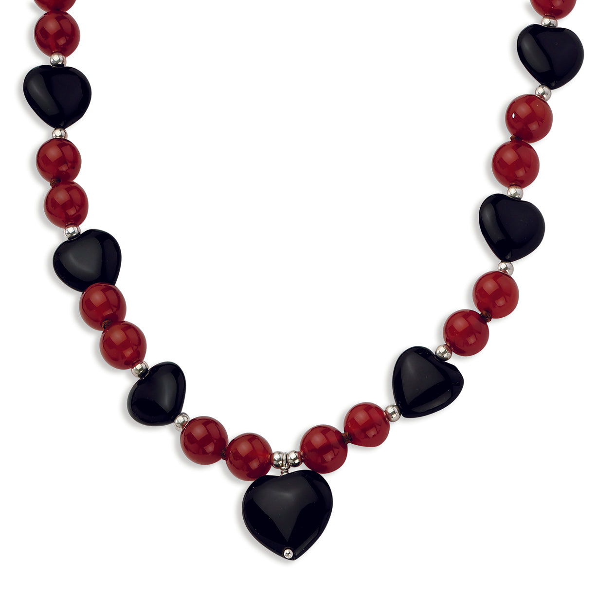 Sterling Silver 16 & 13mm Blk Agate-8.5mm Red Agate Beads Necklace