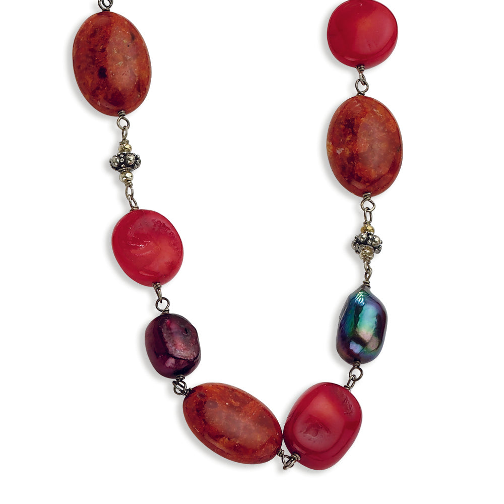 Sterling Silver Antiqued Beads-Red Coral-FW Cultured Pearl Necklace