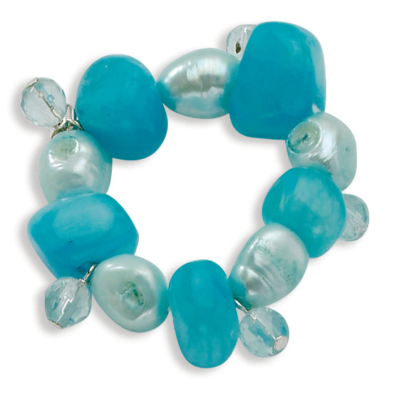Blue Crystal-Blue Jade-FW Cultured Pearl Stretch Scarf Accessory